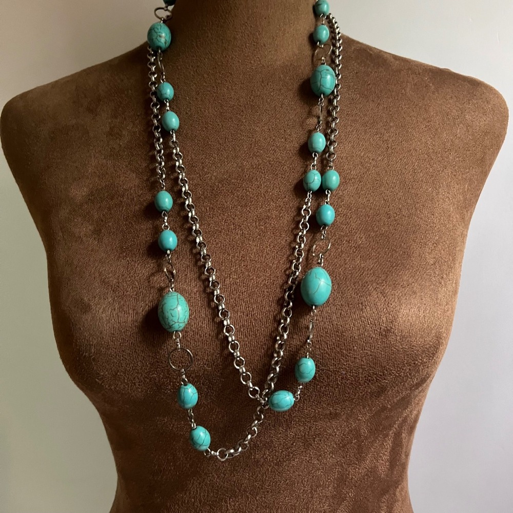 Westerncore Faux Turquoise Silver Tone 58 Inch Long Layering Necklace Size 58"